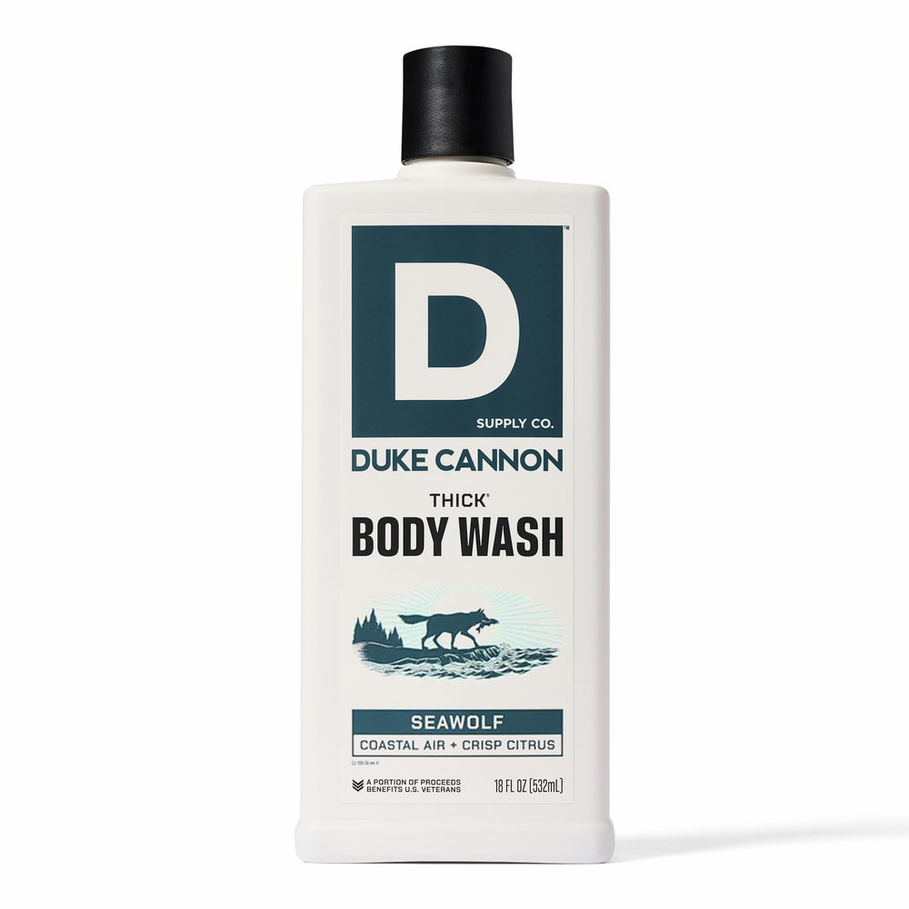 Duke Cannon bottle front view showing Seawolf label and bold packaging benefit