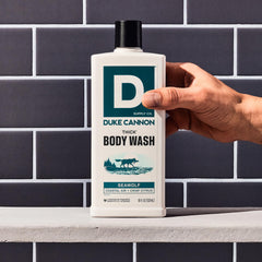 Duke Cannon rich foam texture on skin demonstrating long-lasting lather benefit