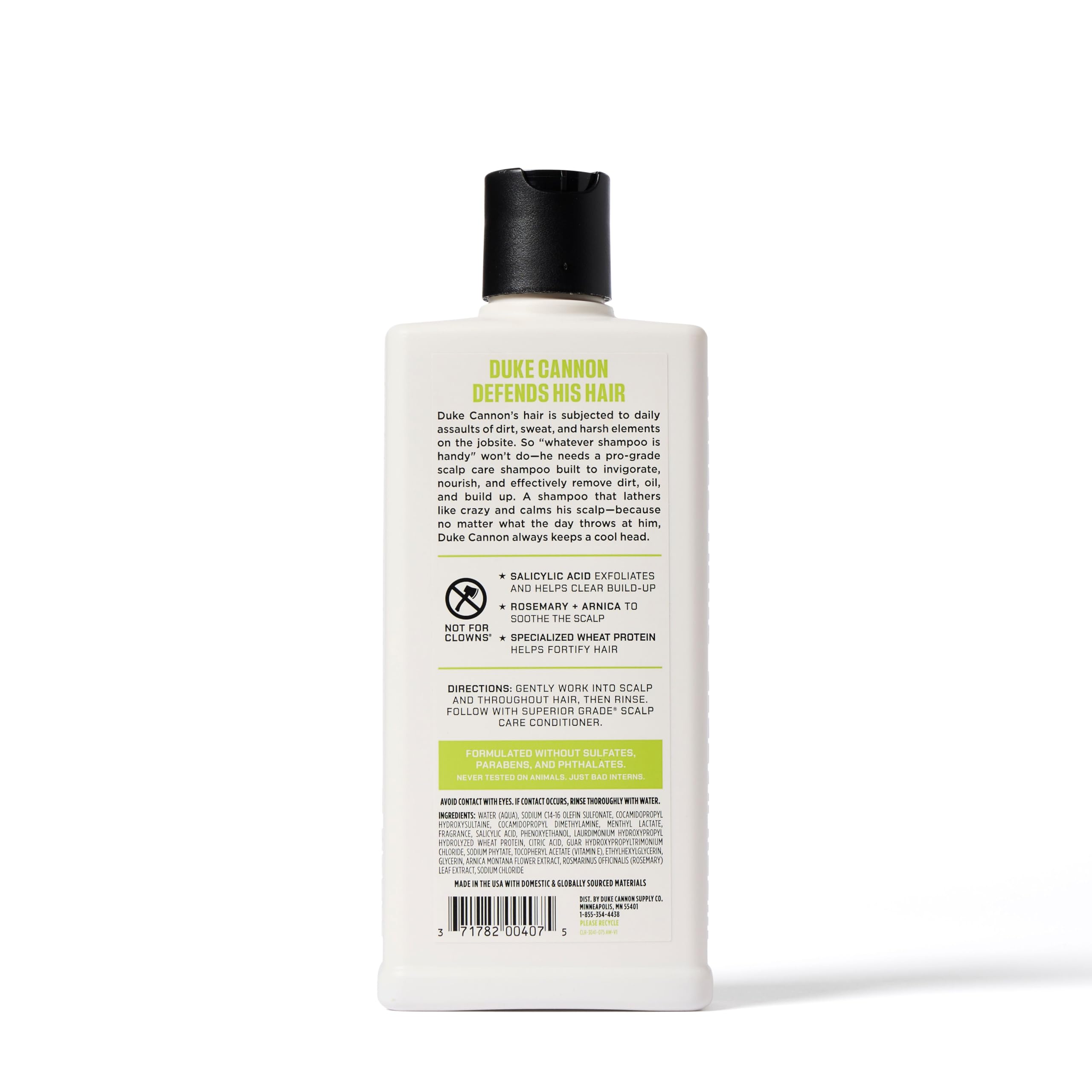 Duke Cannon label close-up highlighting active ingredients and clear directions