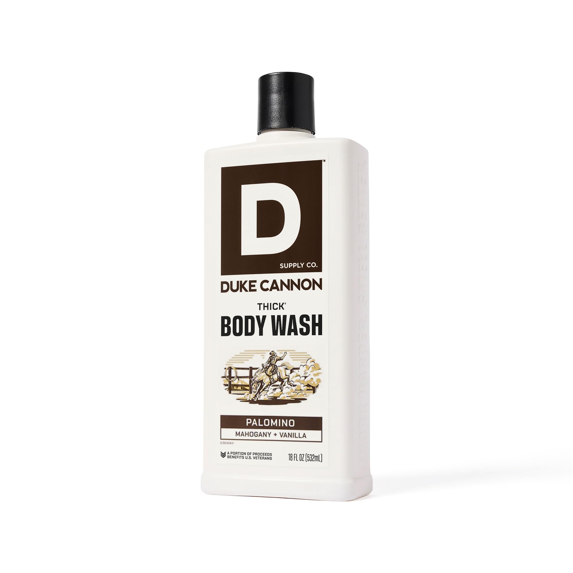Duke Cannon bottle in hand for size comparison emphasizing long-lasting value