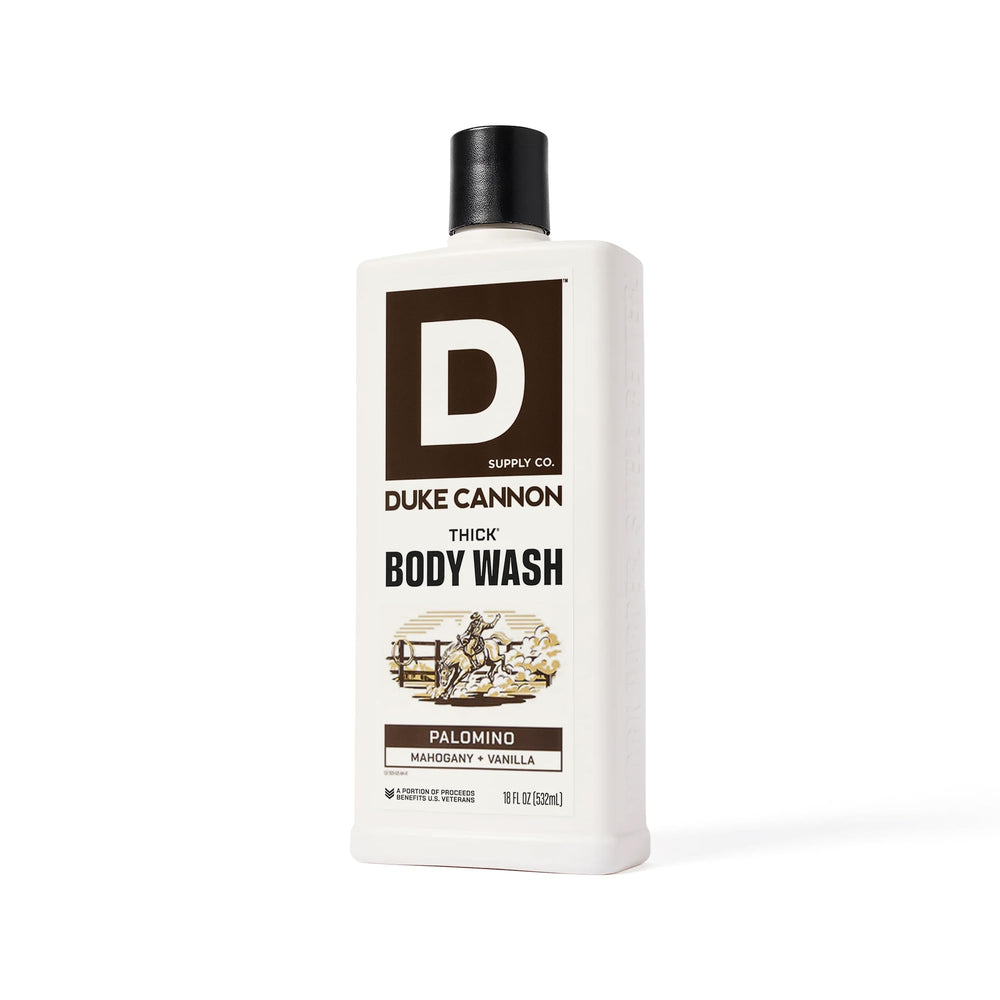 Duke Cannon bottle in hand for size comparison emphasizing long-lasting value