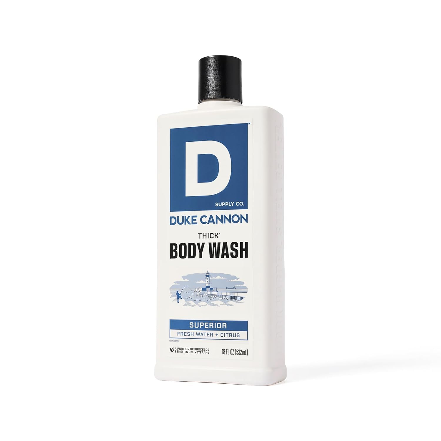 Duke Cannon bottle beside common soap for scale showing generous, long-lasting size