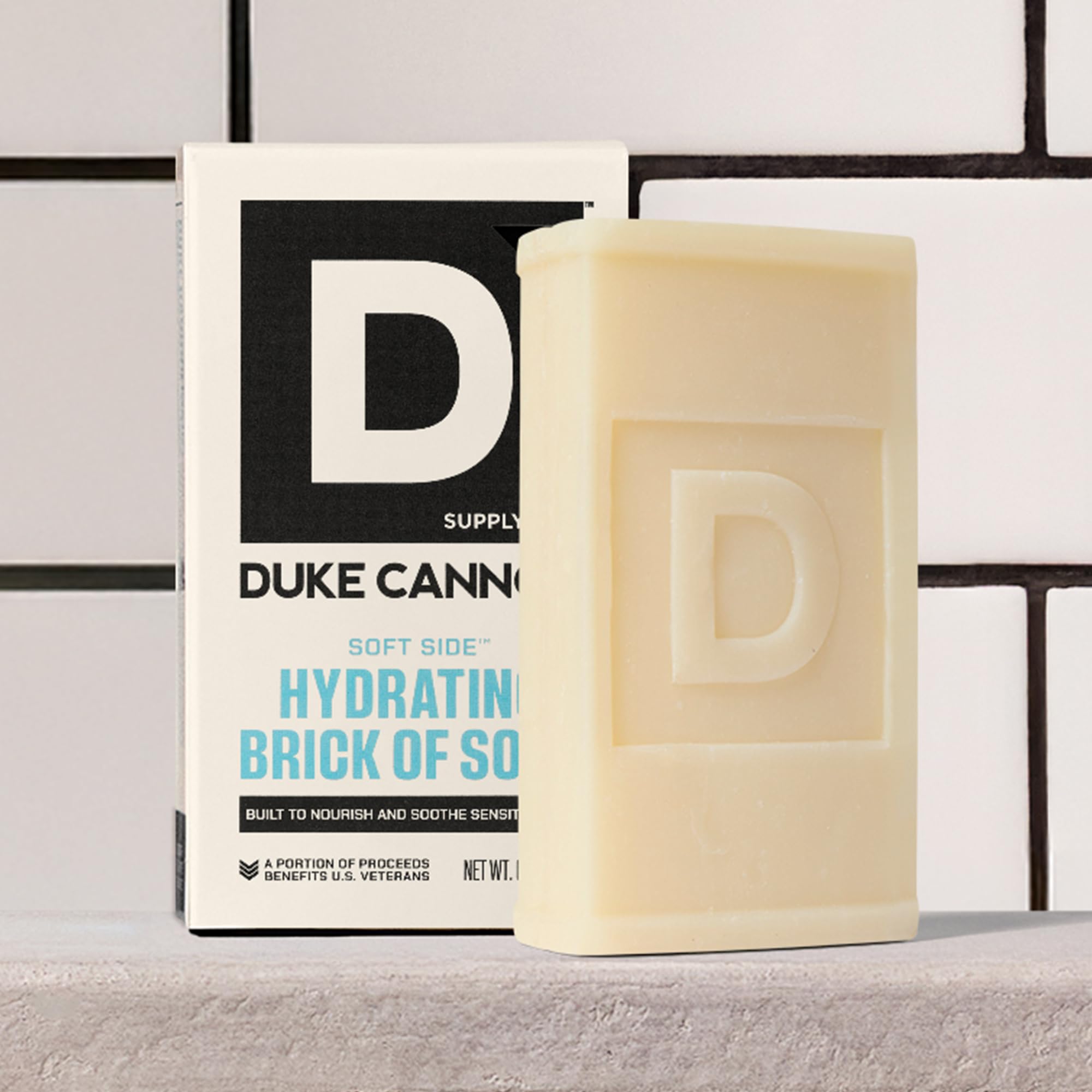 Duke Cannon bar next to a ruler showing 6 oz size and long-lasting benefit