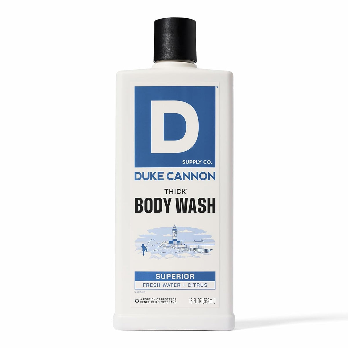 Duke Cannon front packaging showing durable bottle and bold label for easy identification