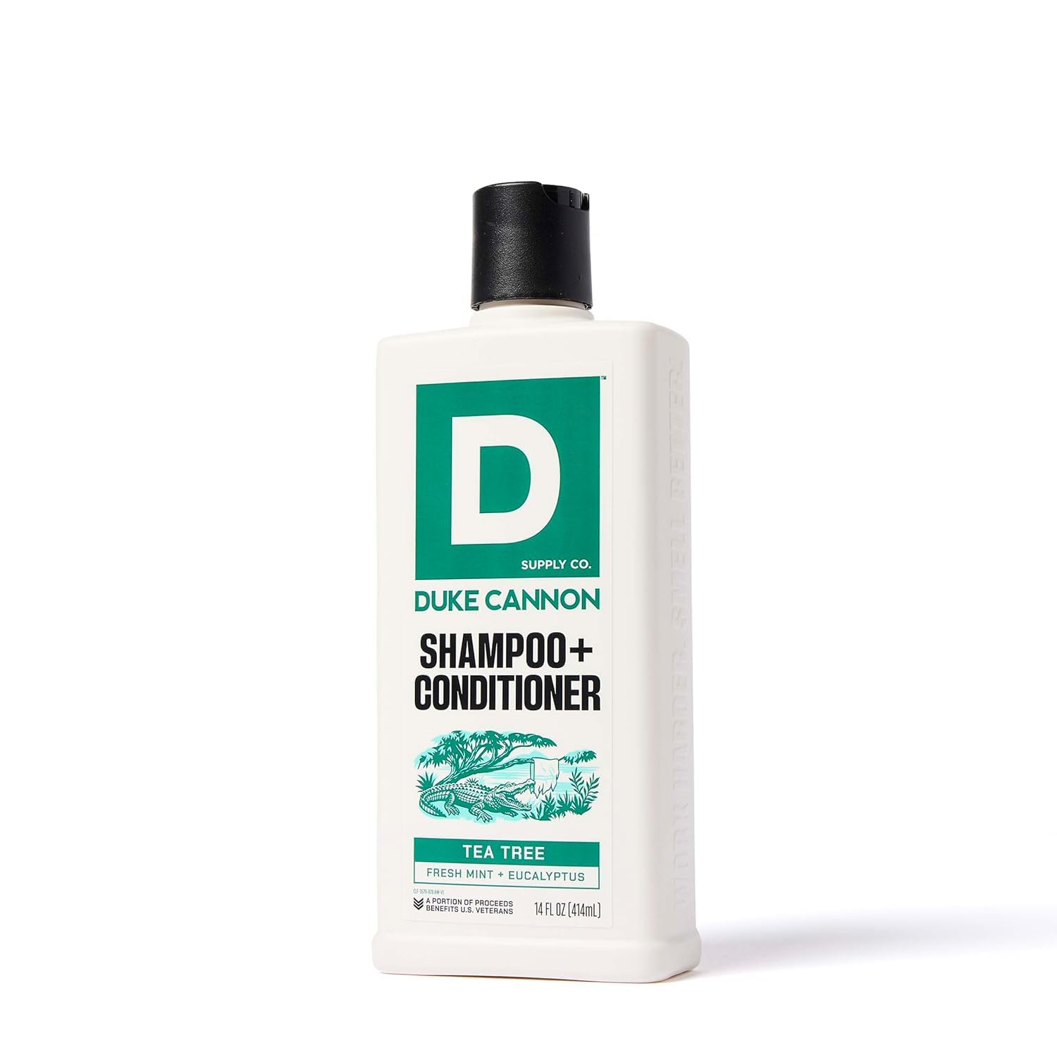 Duke Cannon bottle in hand to show 14 fl oz scale and portability