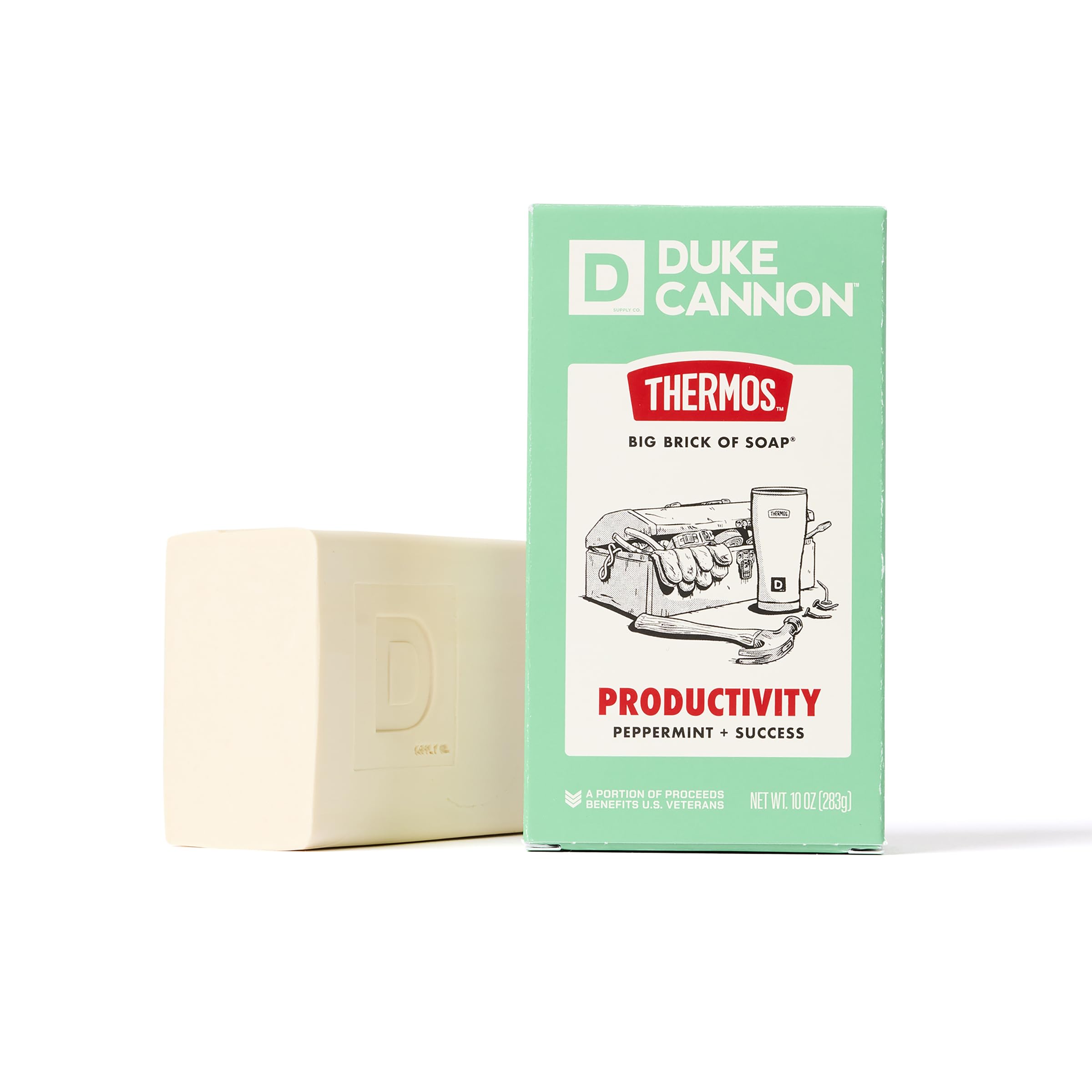 Duke Cannon Thermos front packaging showing large 10 oz brick and branding with lasting clean benefit