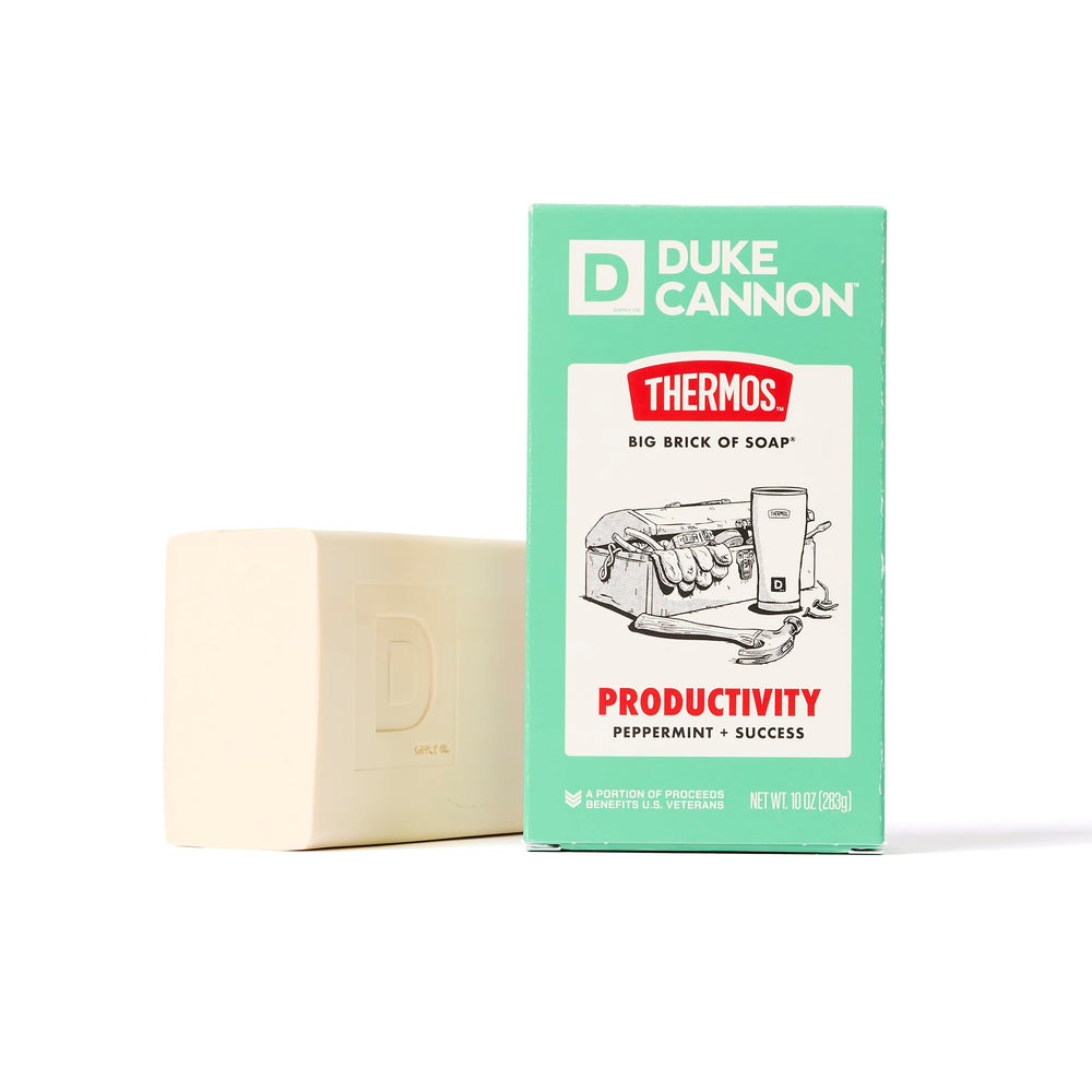 Duke Cannon Thermos front packaging showing large 10 oz brick and branding with lasting clean benefit