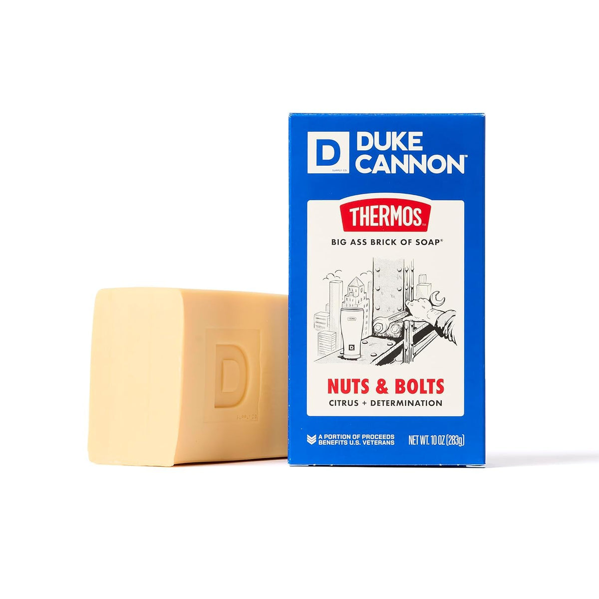 Duke Cannon packaging front view showing bold branding and large 10 oz size benefit
