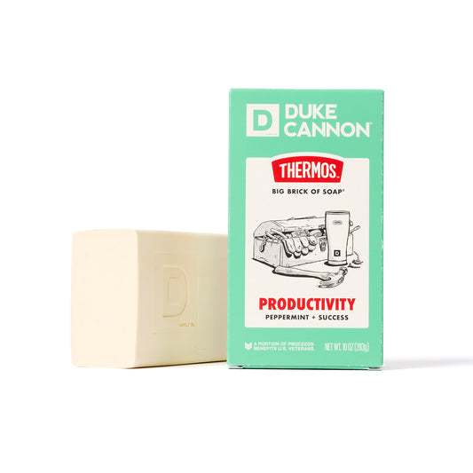 Duke Cannon Thermos front packaging showing large 10 oz brick and branding with lasting clean benefit