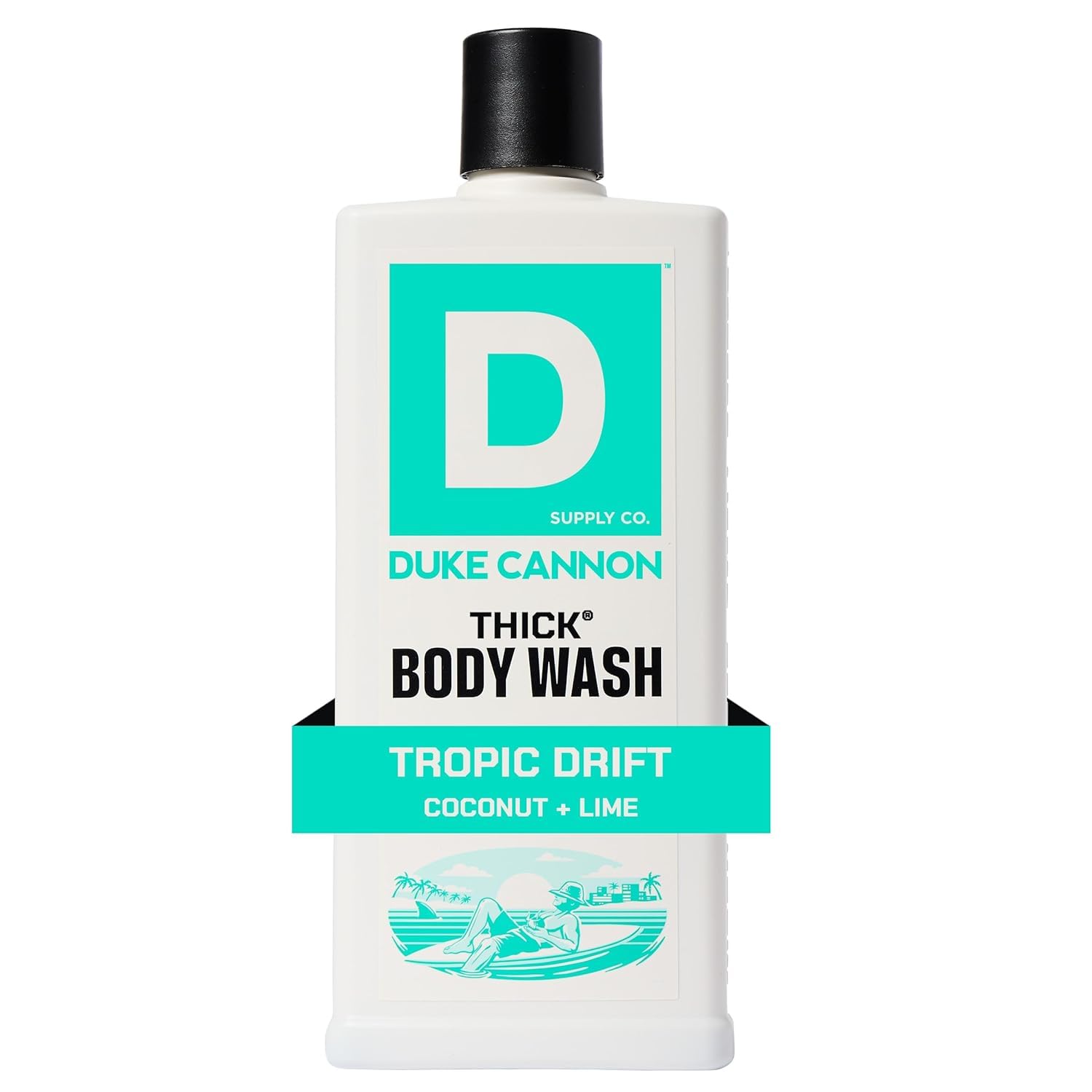 Duke Cannon front label on 18oz bottle showing scent and benefits