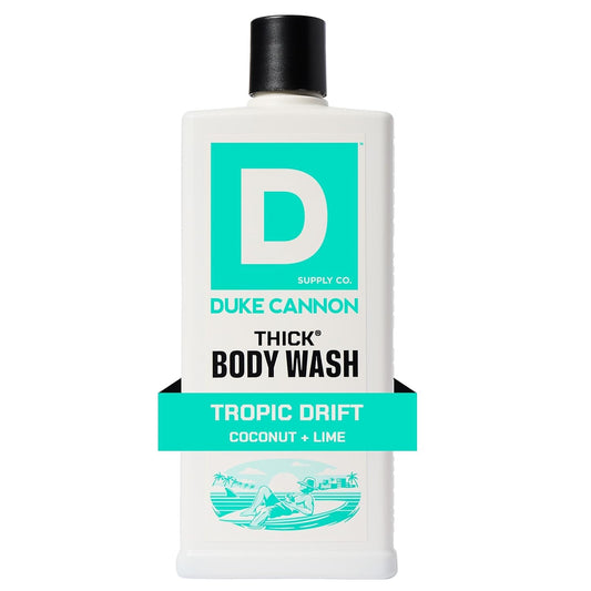 Duke Cannon front label on 18oz bottle showing scent and benefits