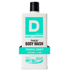 Duke Cannon front label on 18oz bottle showing scent and benefits