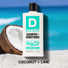 Duke Cannon Tropic Drift label close-up highlighting ingredients and benefits