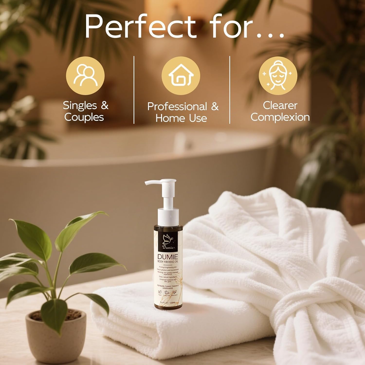 Dumie body oil used after shower on legs highlighting fast absorption