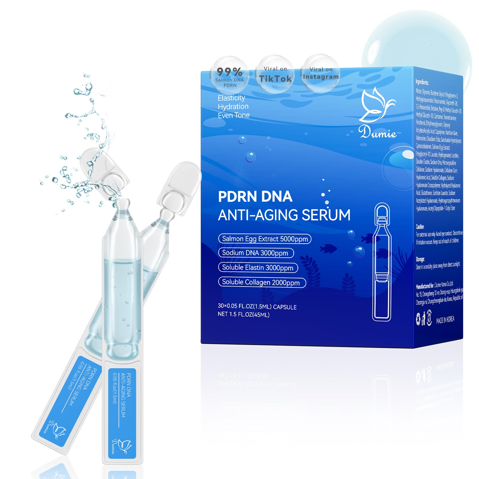 Dumie front packaging showing 30 sealed ampoules and freshness benefit