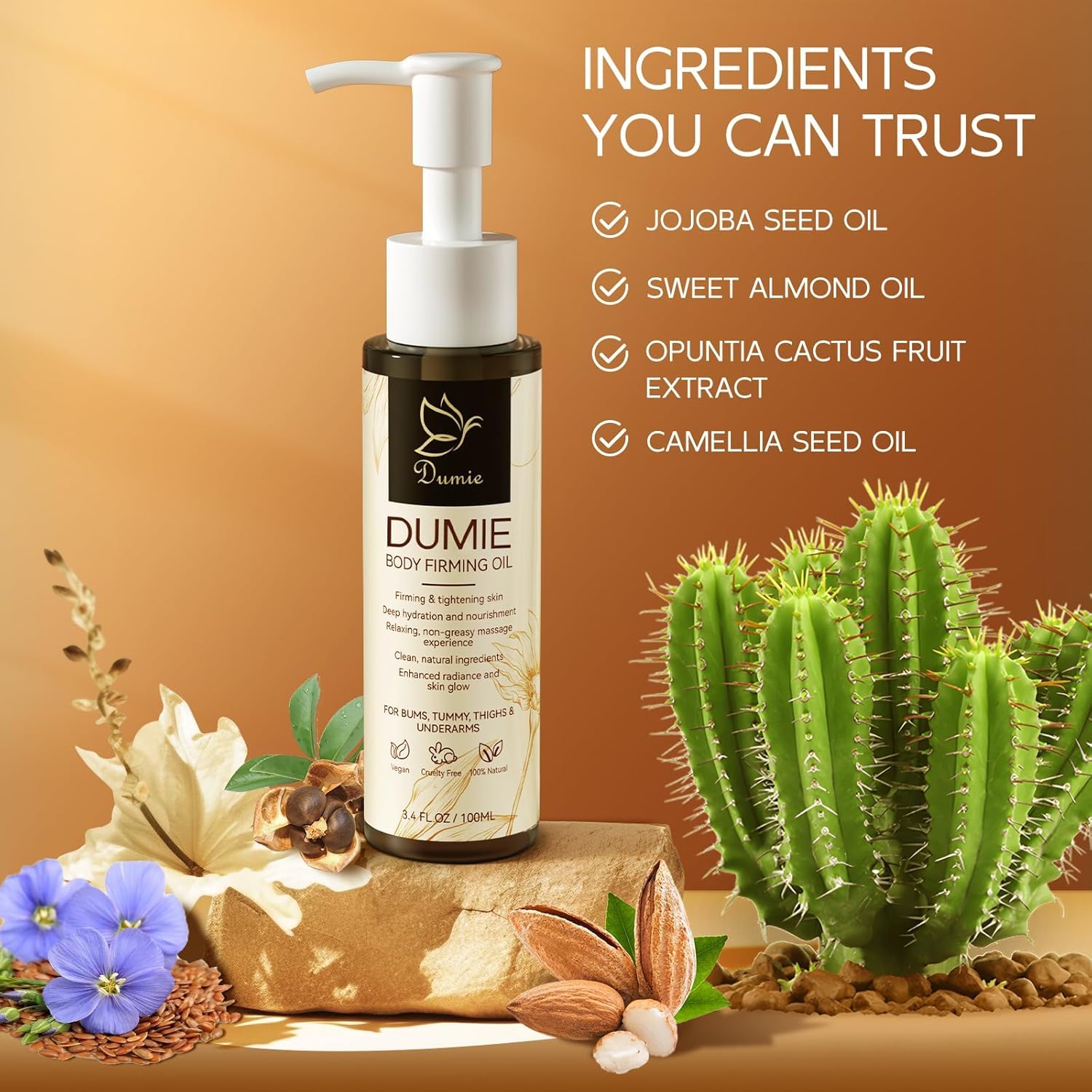 Dumie jojoba ingredient visual with bottle, emphasizing nourishing benefits