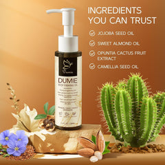 Dumie jojoba ingredient visual with bottle, emphasizing nourishing benefits