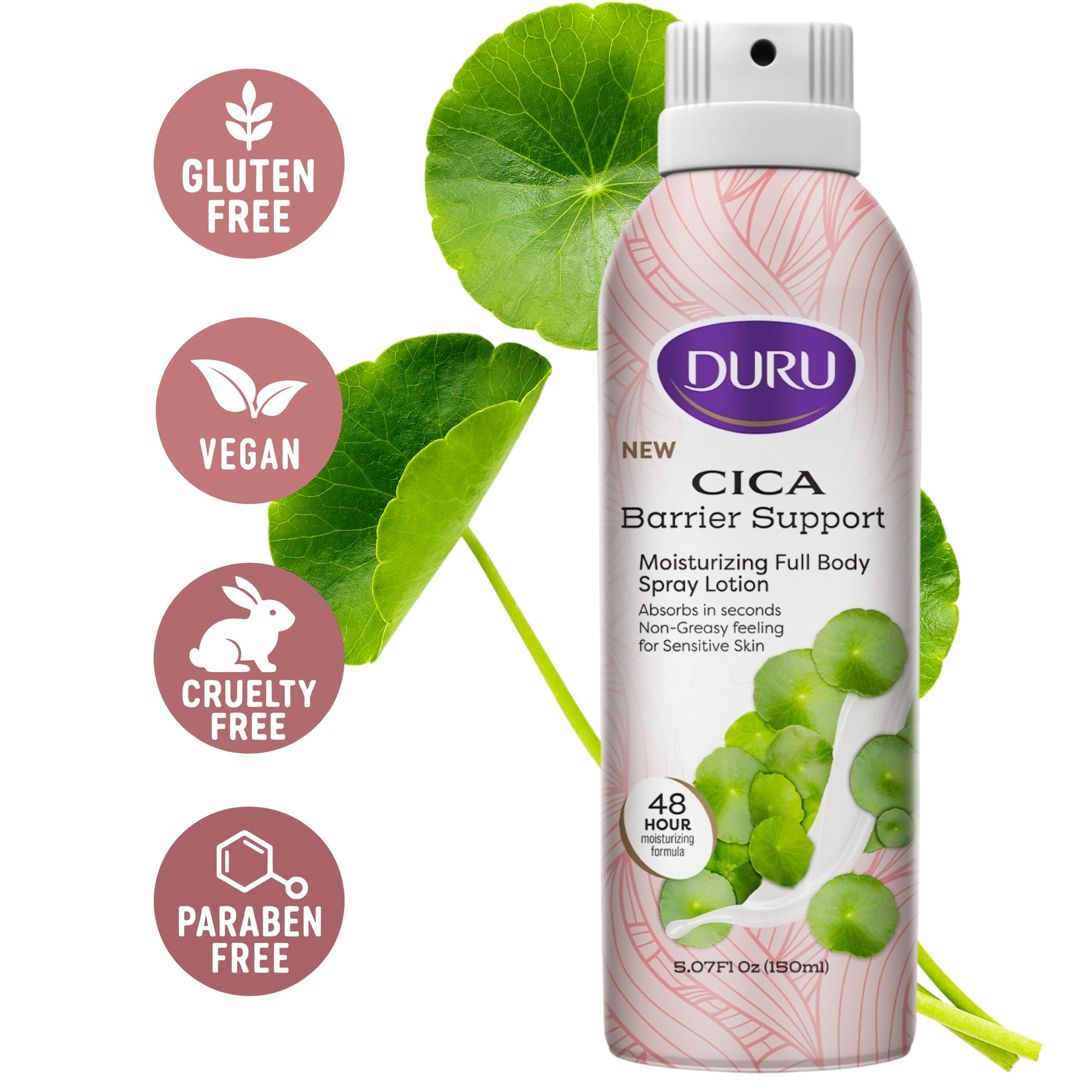 Duru being sprayed onto leg demonstrating hands-free easy application