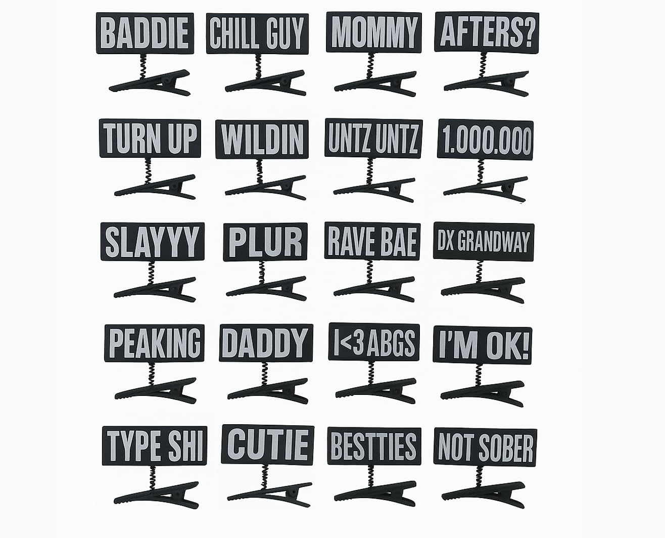 DX Grandway front packaging showing mixed black and white word clips for quick accessorizing