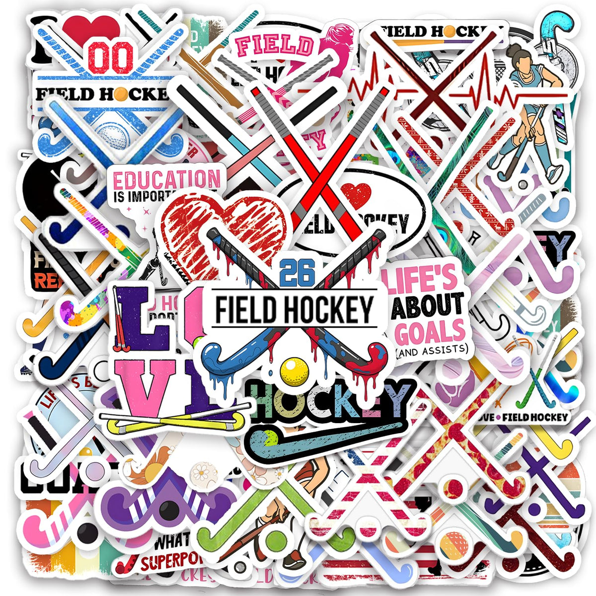 DYDSZDDYBF pack of 120 field hockey stickers showing full set and benefit of variety