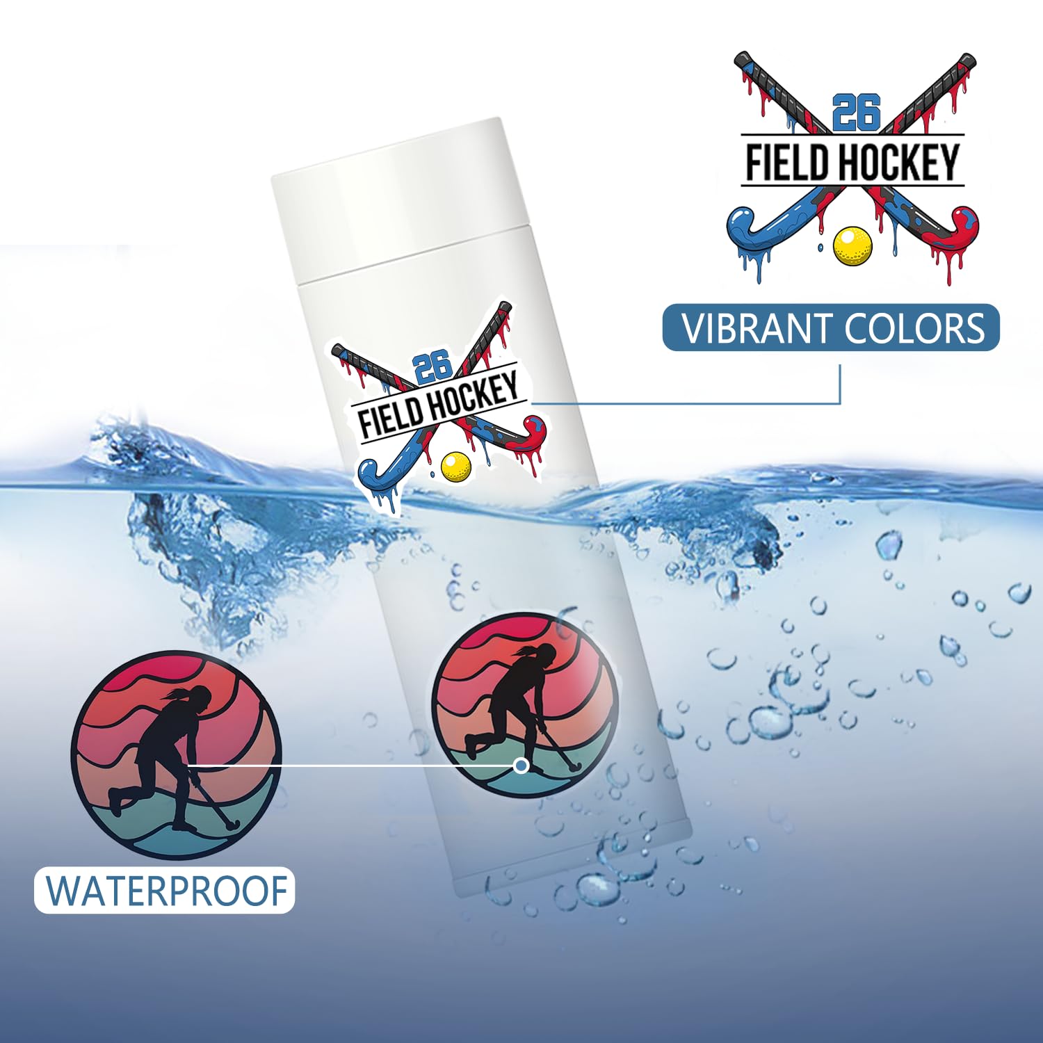 DYDSZDDYBF stickers applied to a water bottle demonstrating waterproof benefit