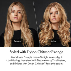 Applying Dyson cream to towel-dried hair illustrating reduced frizz and smoother styling benefit