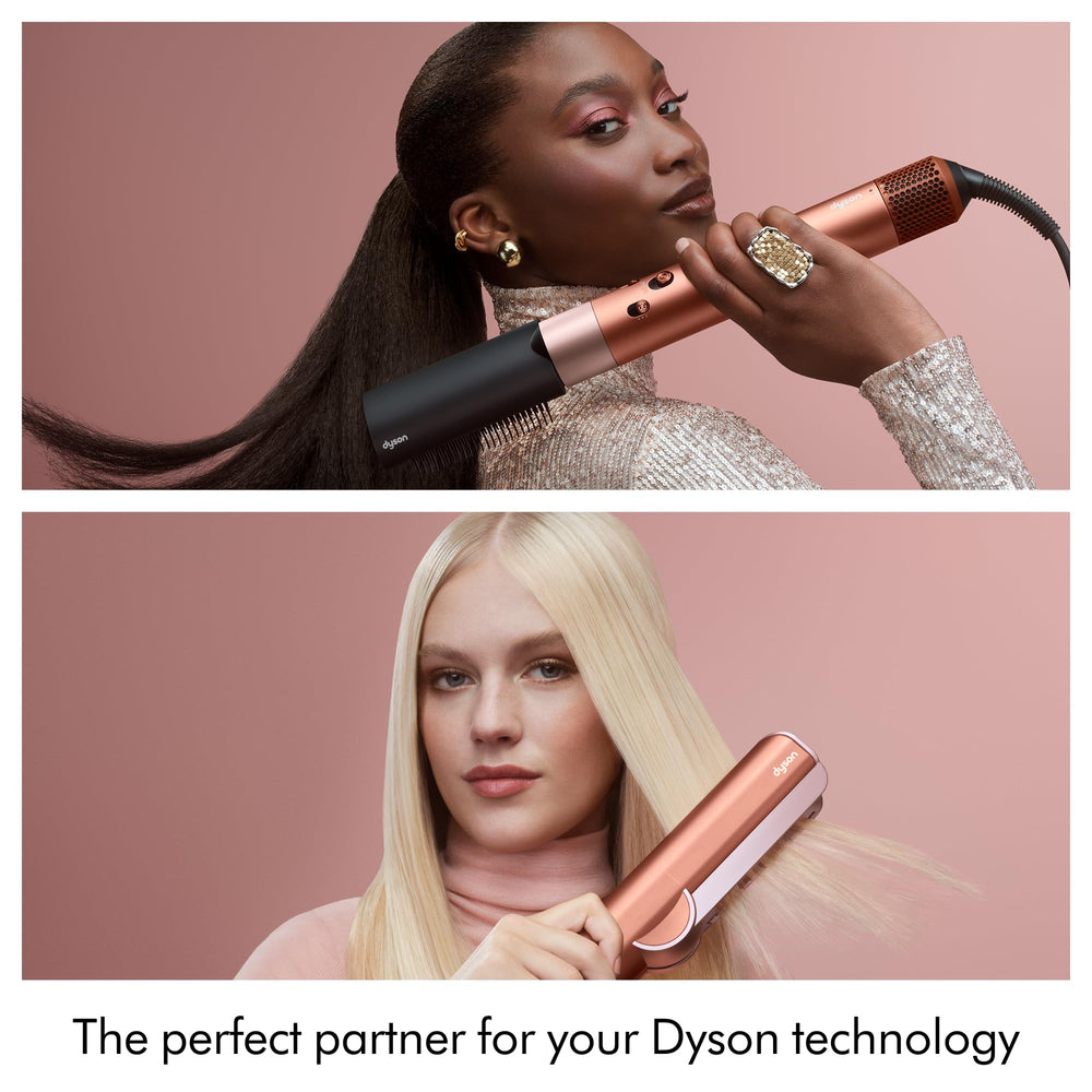 Dyson before and after smoothing hair image showing reduced frizz and shine
