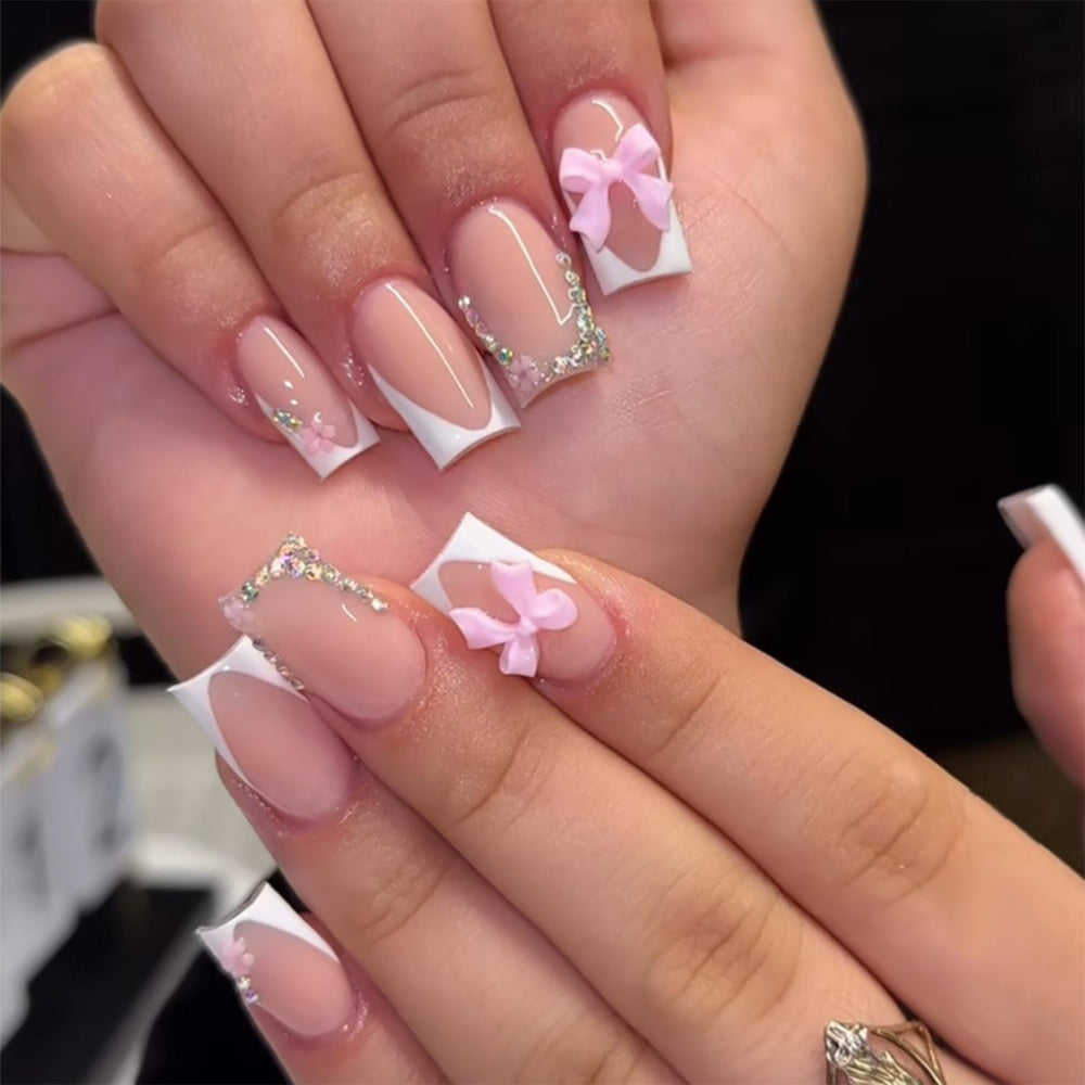 DZPGUONIZ front packaging showing 24-piece press-on nail set and accessories for convenience