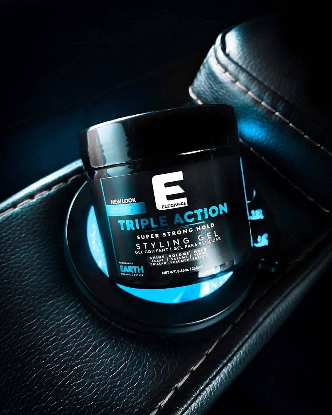 E Elegance jar next to a ruler to show the 8.45 oz size benefit