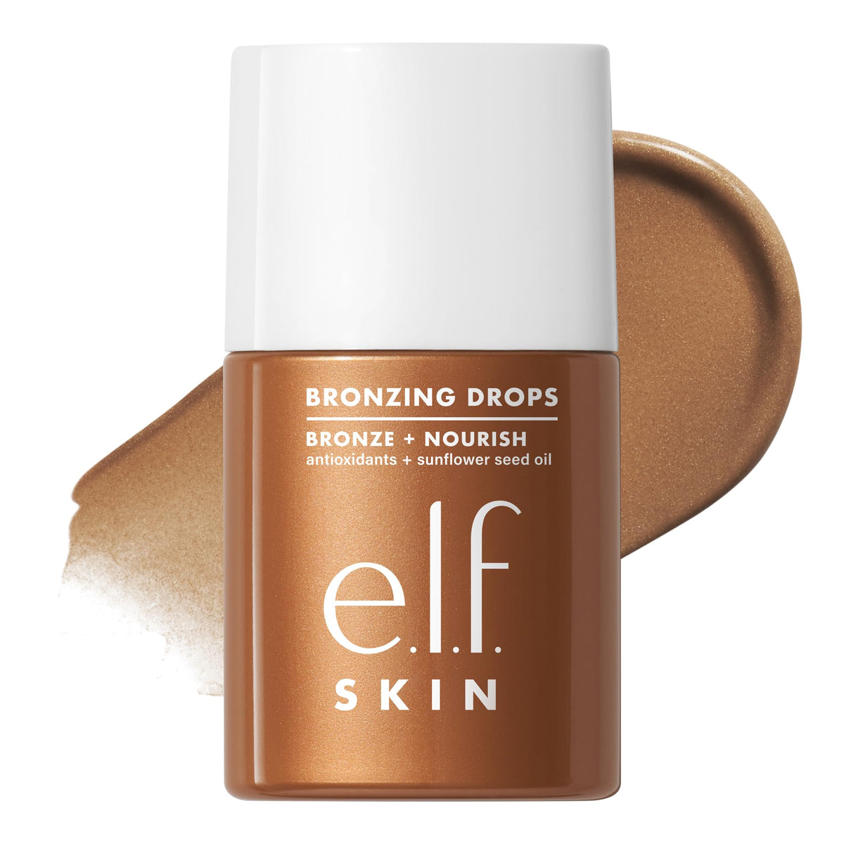 e.l.f. front packaging of bronzing drops showing shimmer finish and benefits