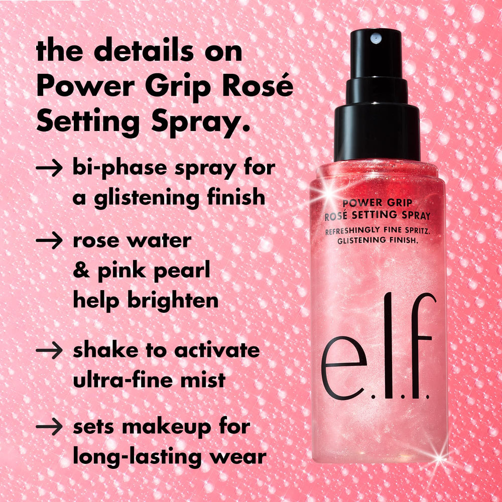 e.l.f. Power Grip Rosé mist in air after shaking for even makeup hold