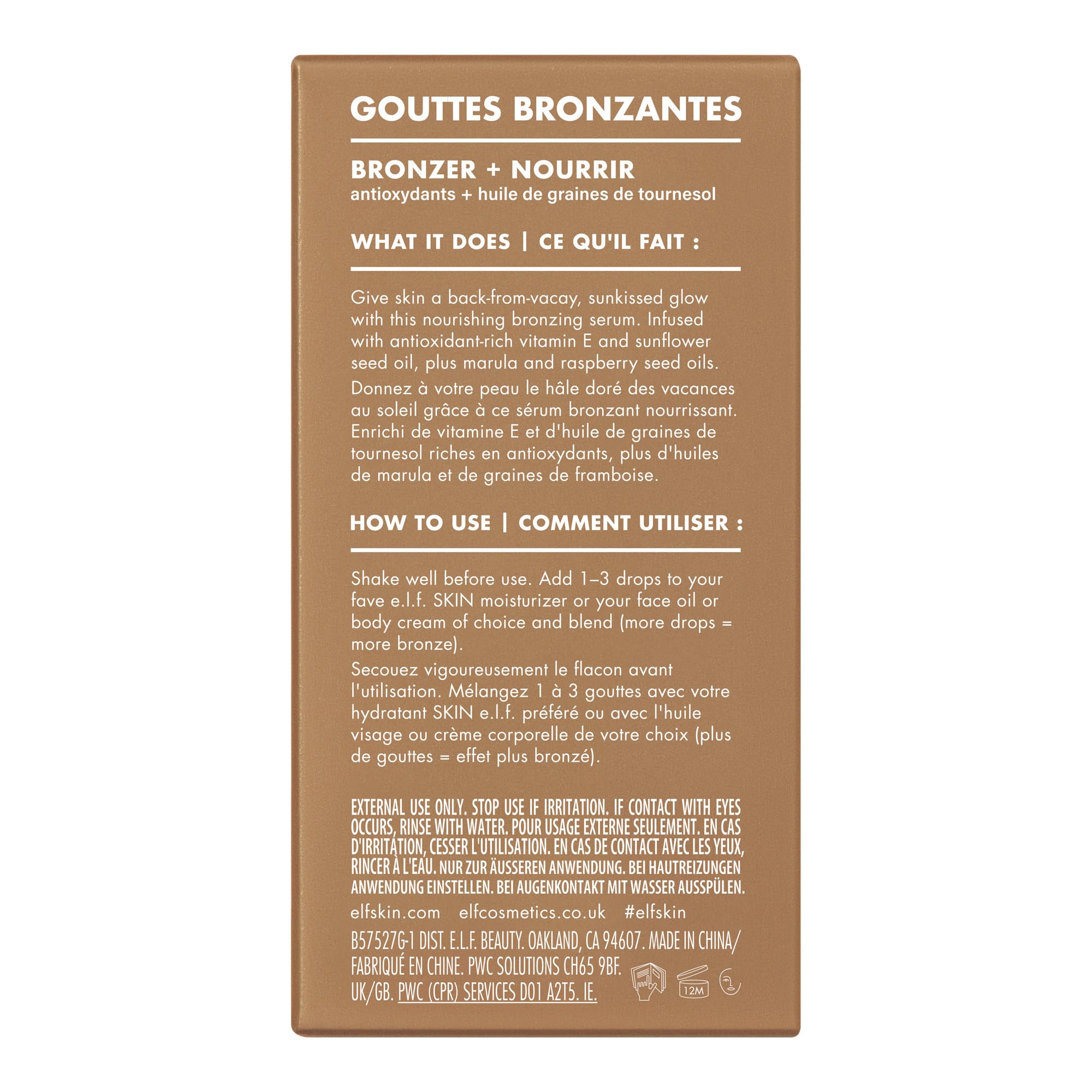 e.l.f. bronzing drops on vanity next to skincare showing daily routine integration