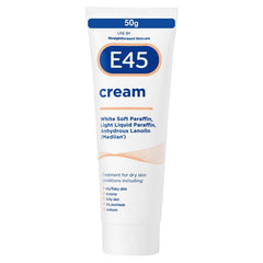 E45 cream 50g front tube showing label and benefits