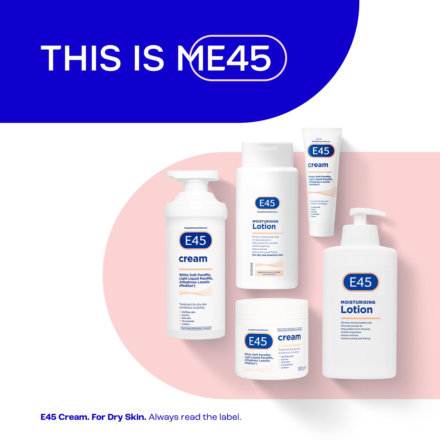 E45 cream on bathroom shelf in lifestyle setting for daily care