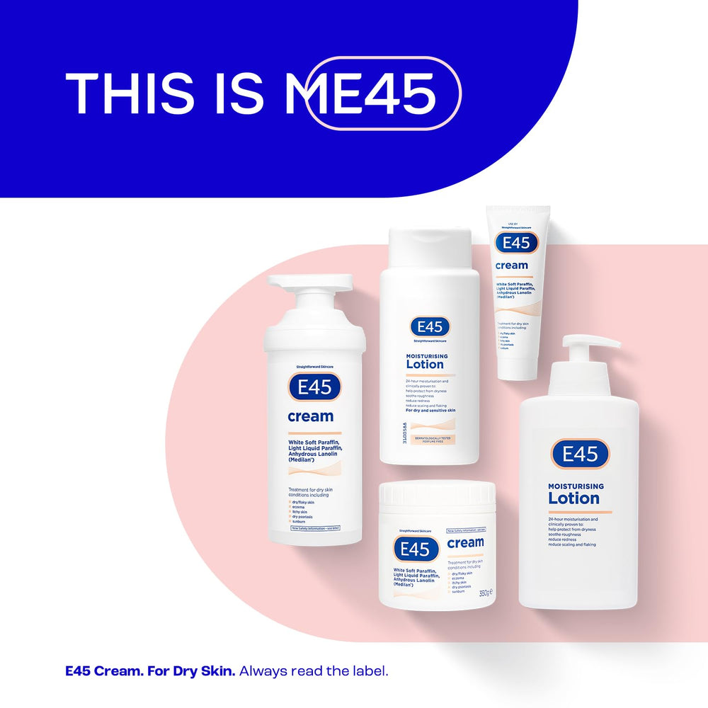 E45 cream on bathroom shelf in lifestyle setting for daily care