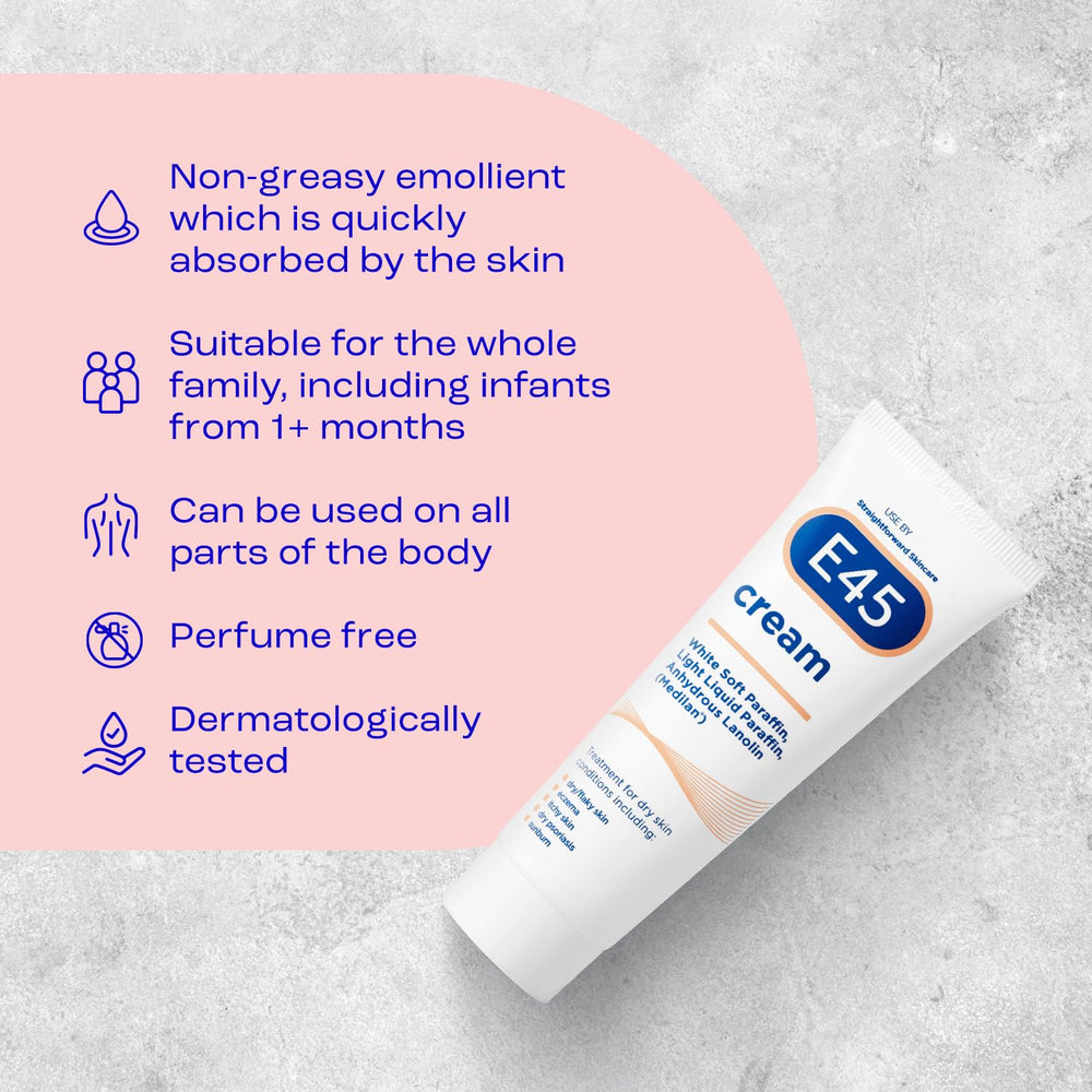E45 cream 50g beside coin to show compact travel-friendly size
