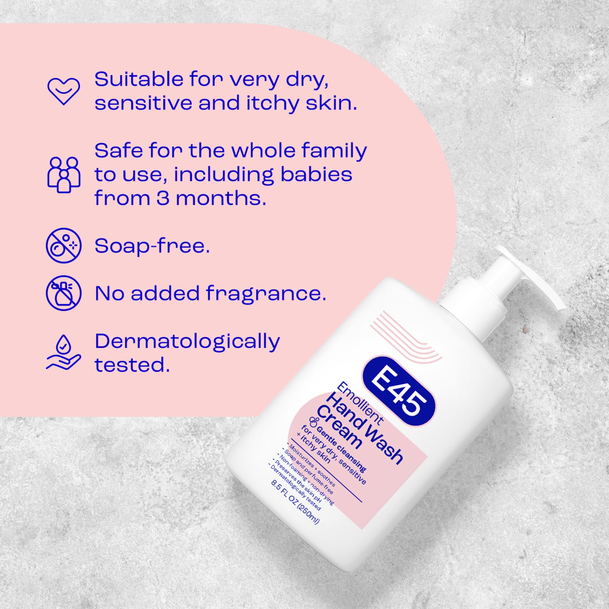 E45 250ml bottle beside a hand to show size and travel-friendly benefit