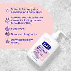 E45 250ml bottle beside a hand to show size and travel-friendly benefit