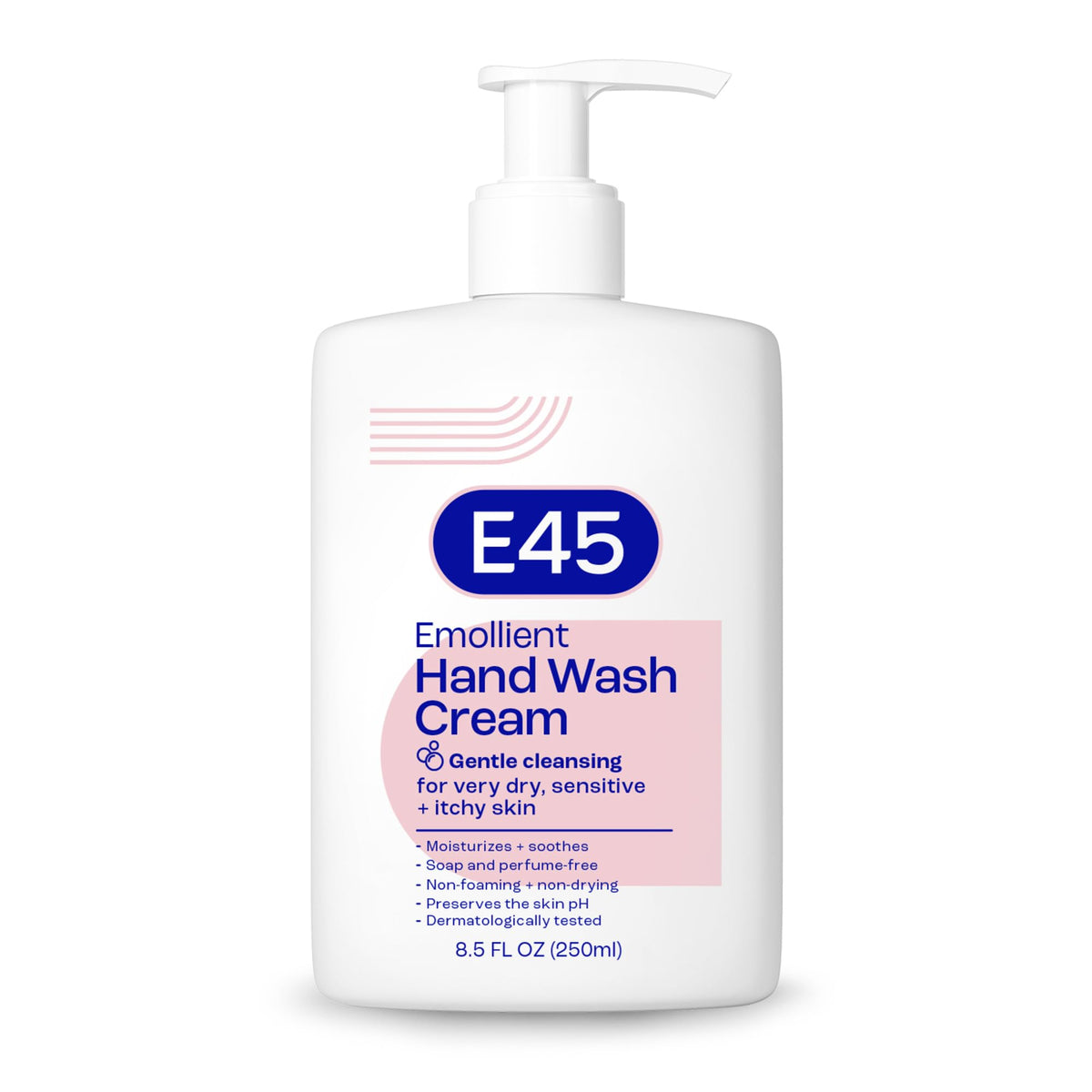 E45 front packaging showing bottle and branding for gentle cleansing benefit