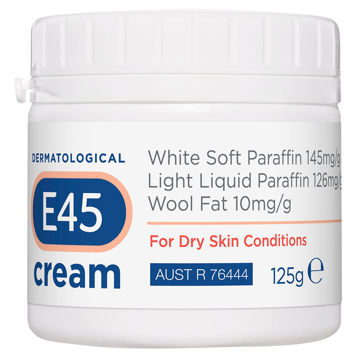 E45 jar front 125g showing product for soothing dry skin