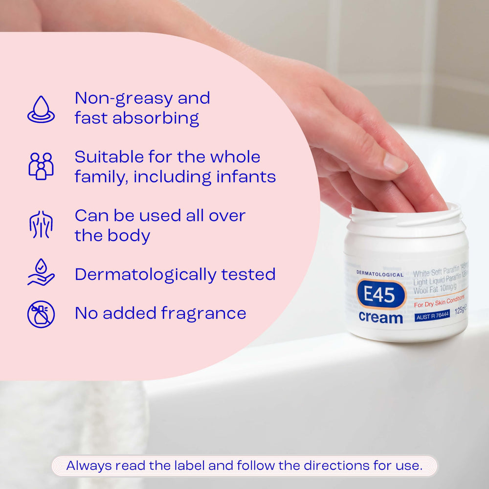 E45 label detail showing ingredients and dermatological focus