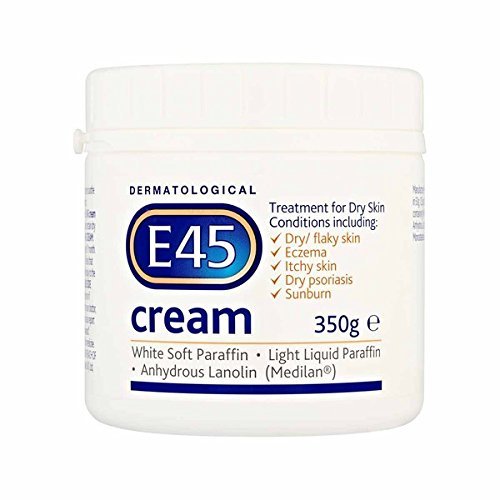 E45 moisturising cream 350g front tub showing label and easy-access lid for daily hydration