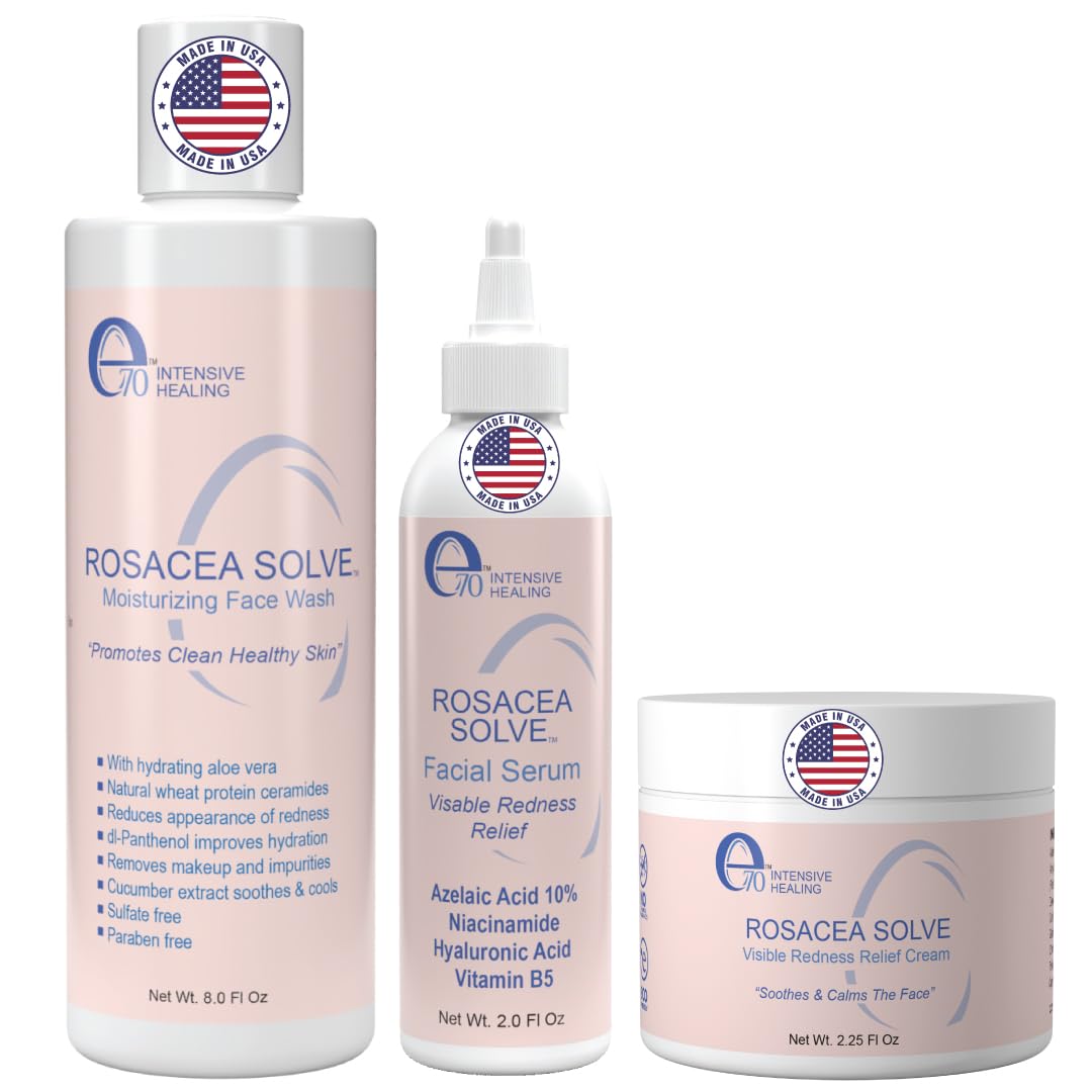 e70 front packaging showing full rosacea kit and calm skin benefit