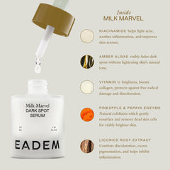 EADEM Milk Marvel ingredient label close-up, highlights vitamin C and niacinamide clarity