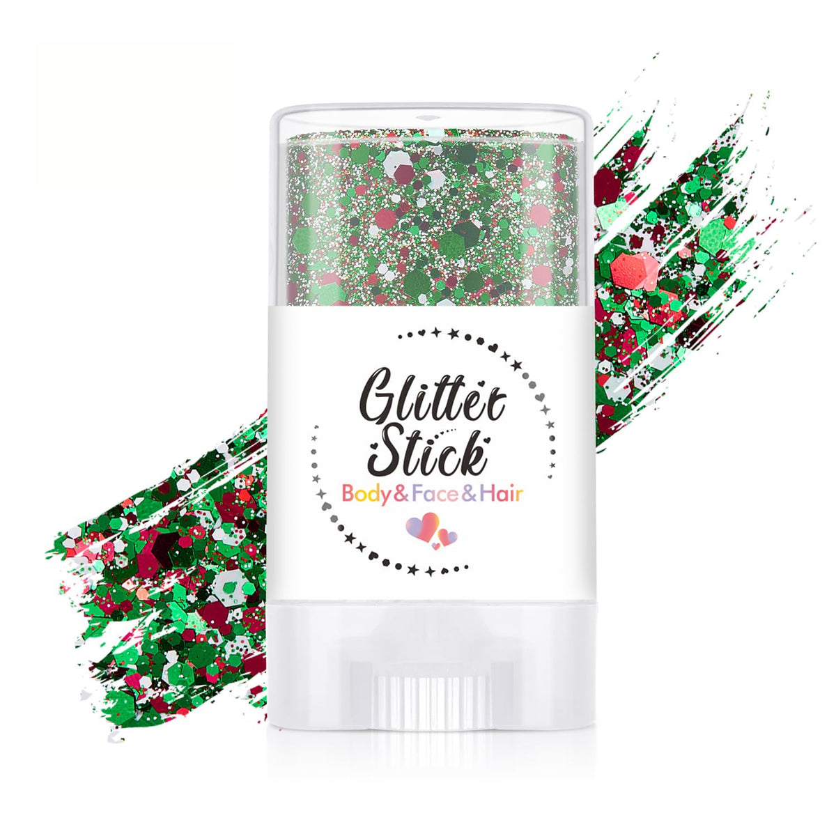 EAEVDJ face glitter stick front view showing vibrant colors and compact design