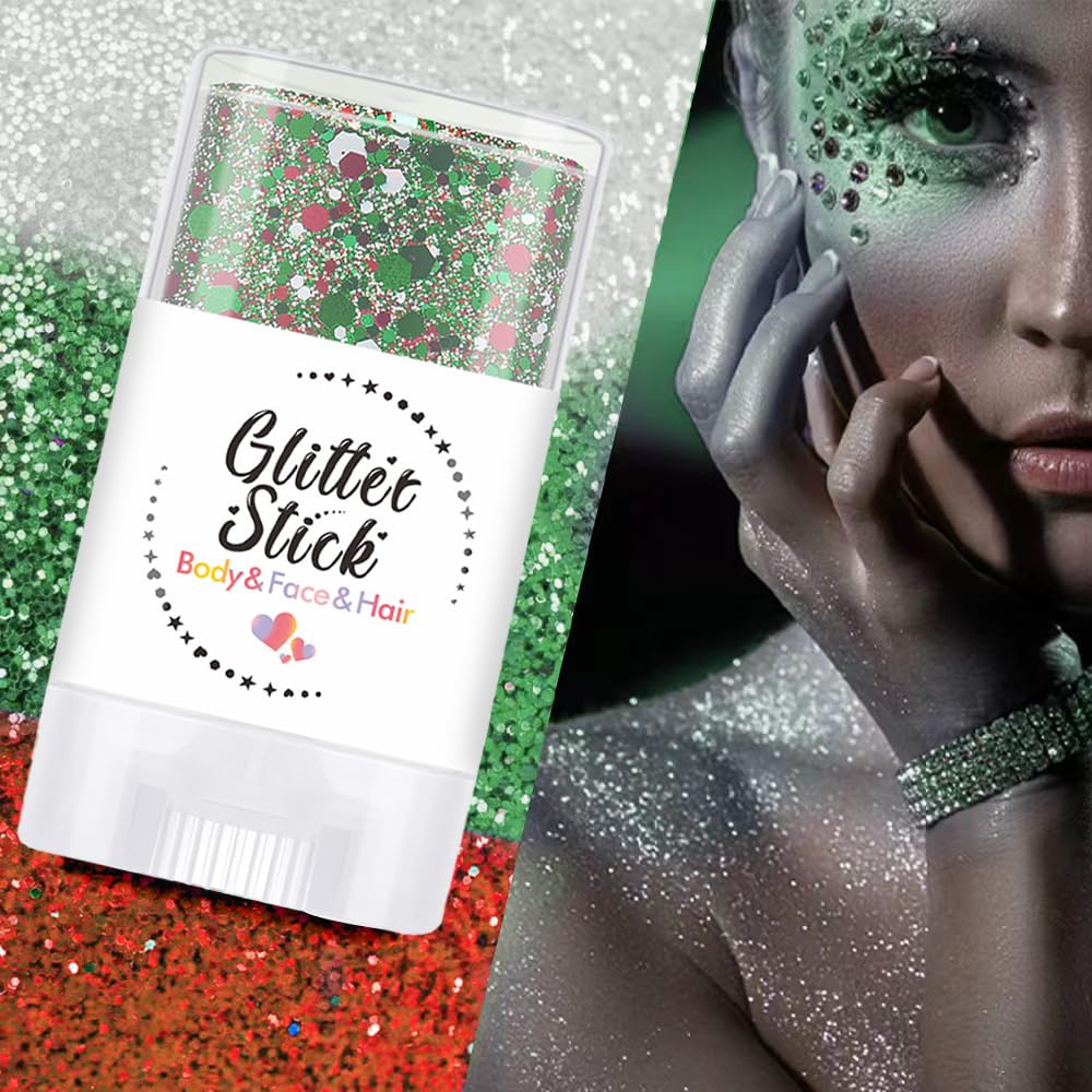 EAEVDJ glitter stick applied on cheek highlighting quick festival-ready shimmer