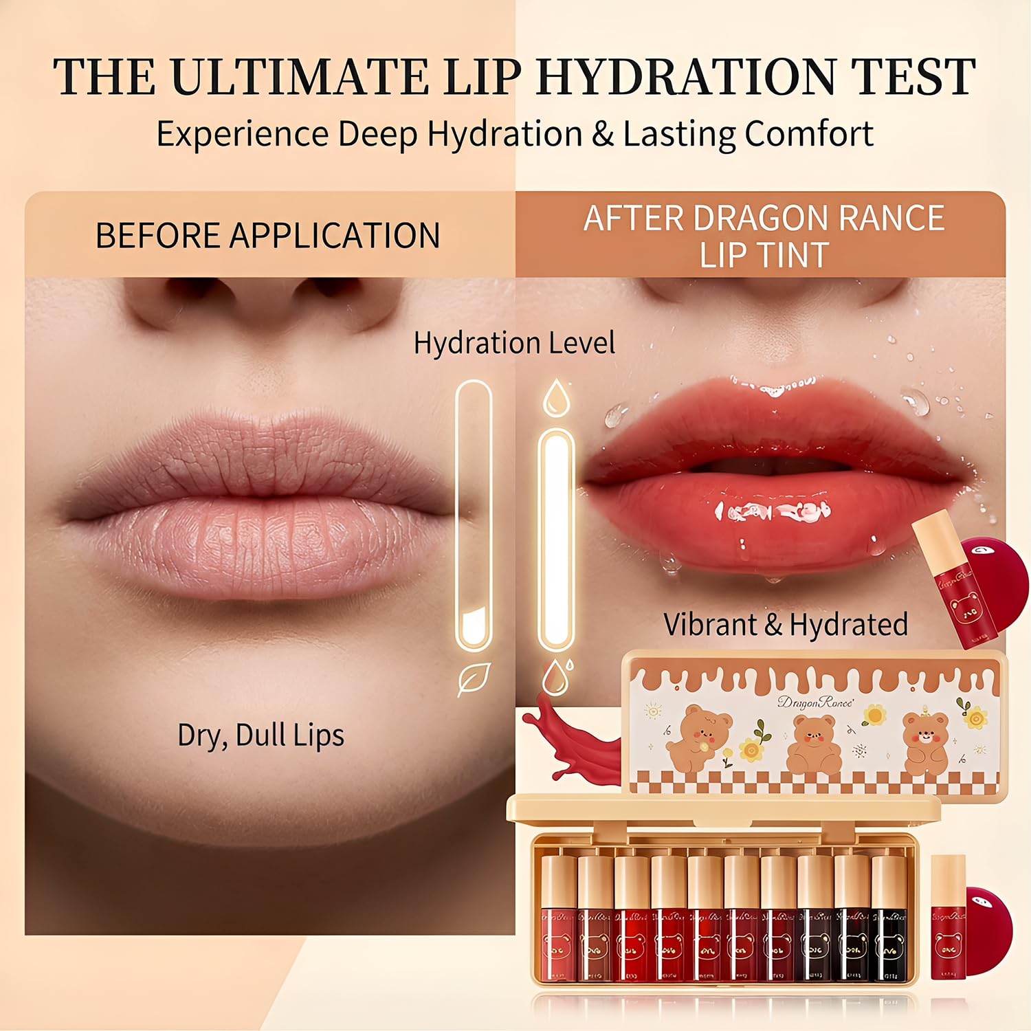 Eakroo open case displaying ten distinct lip tint and gloss shades for variety