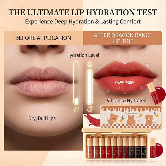 Eakroo open case displaying ten distinct lip tint and gloss shades for variety