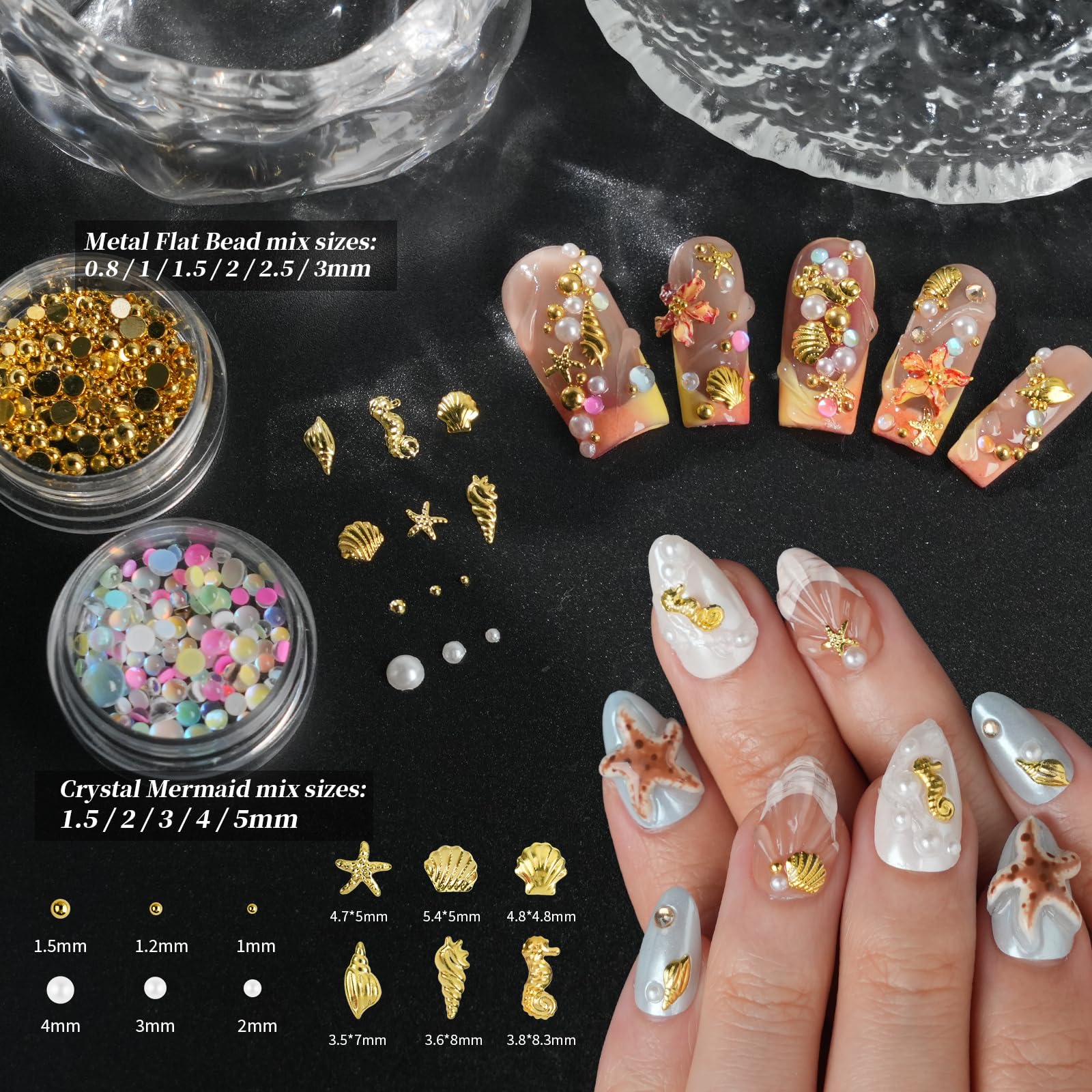 EARLMONI close-up of gold starfish seahorse and shell charms for dimensional effect