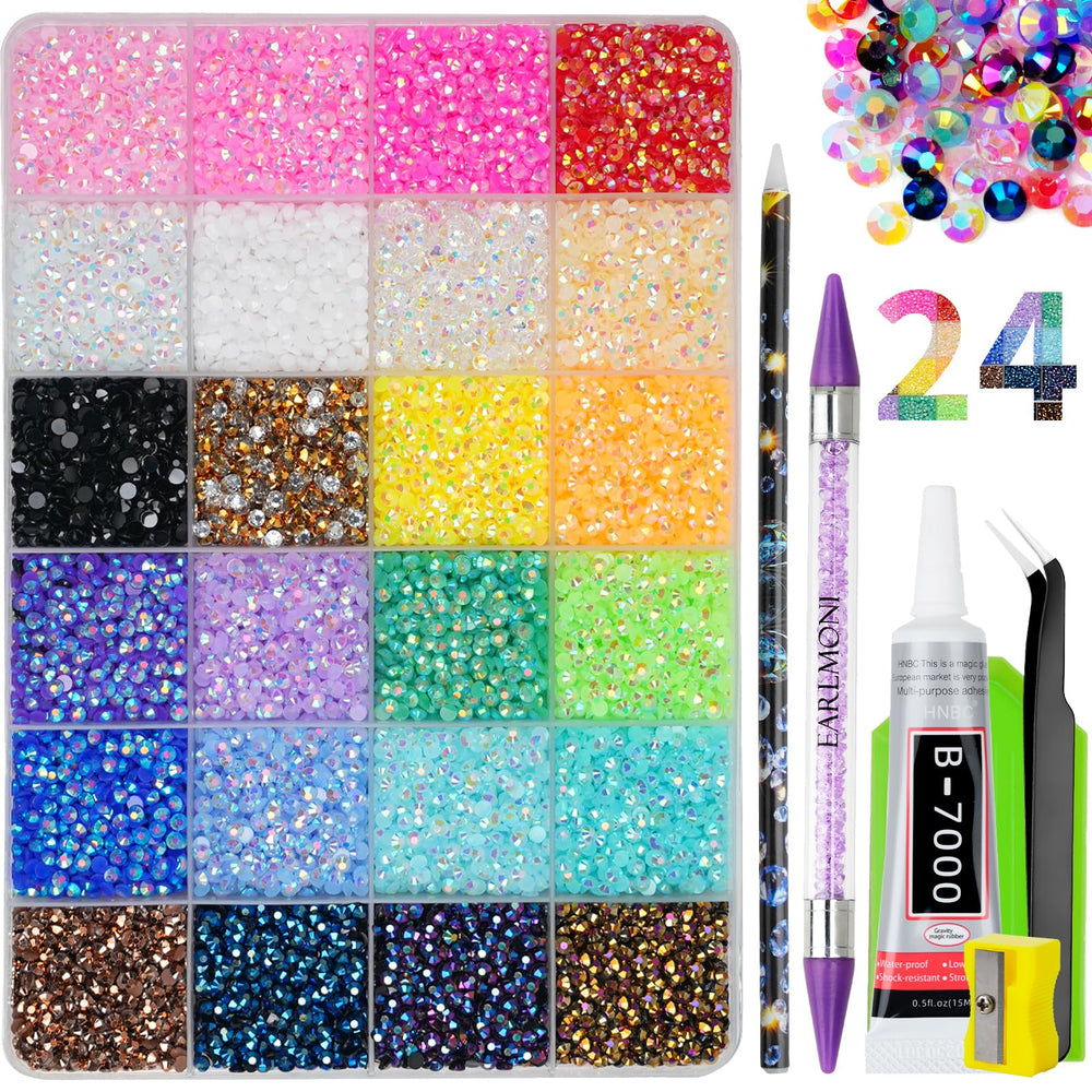 EARLMONI front packaging showing full 24-color rhinestones kit with glue and tools for easy crafting